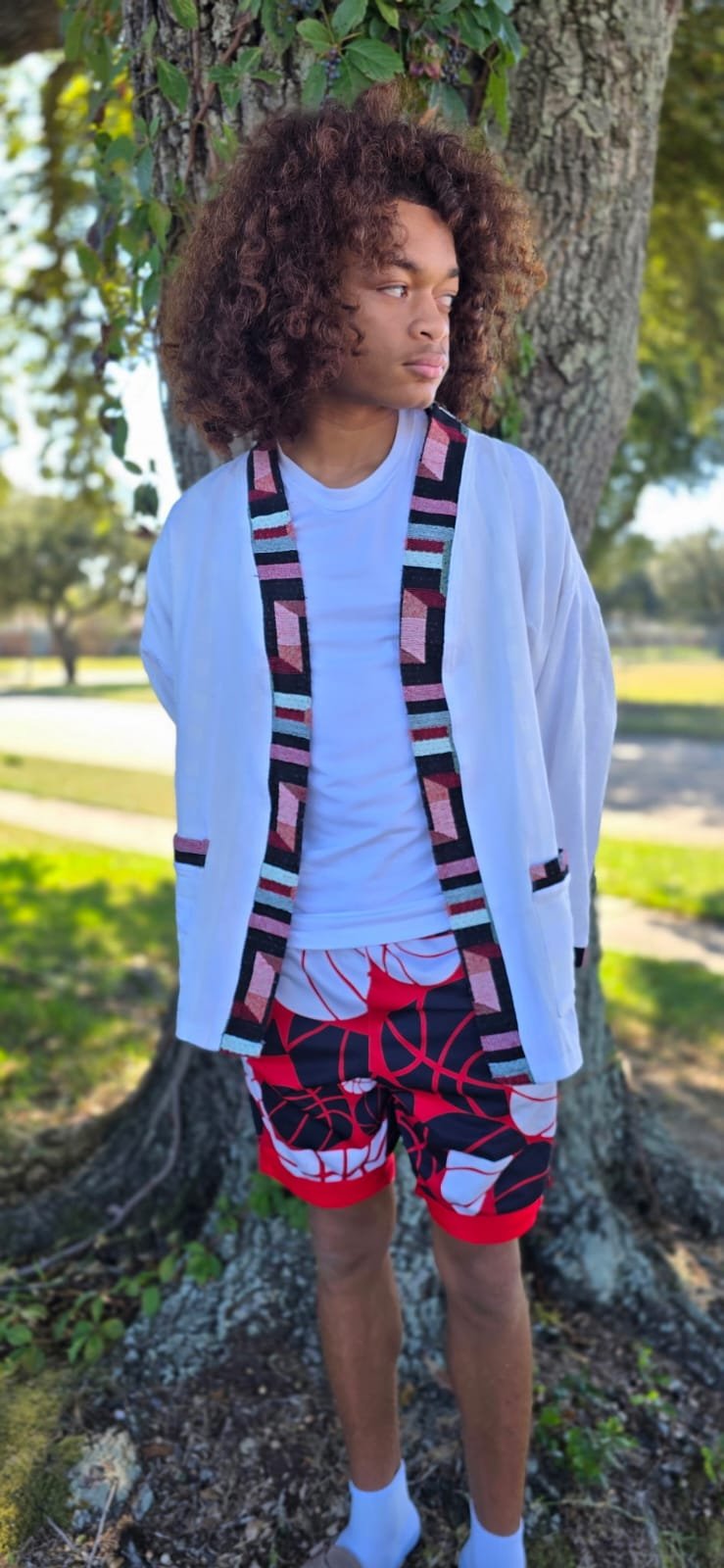 White Geometric Trim Kimono