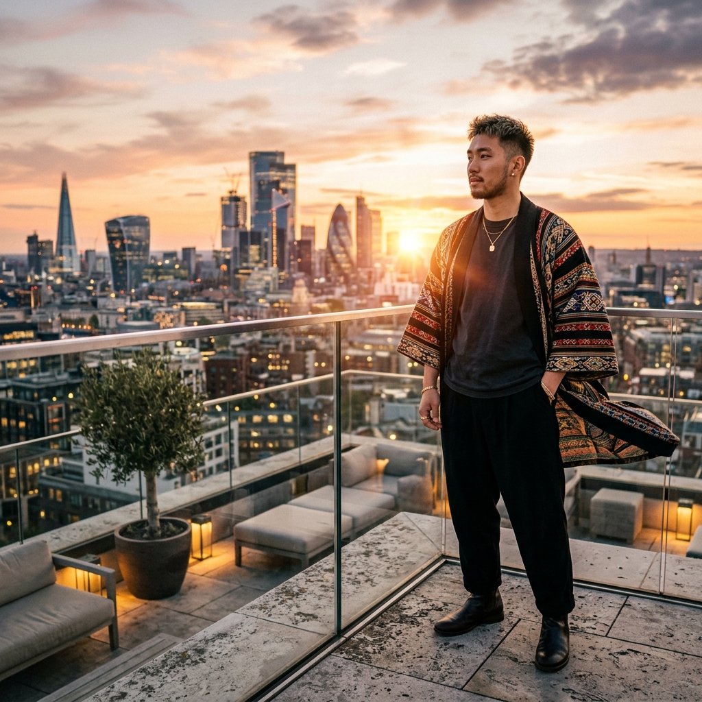Young man wearing patterned jacket fully, outdoor park